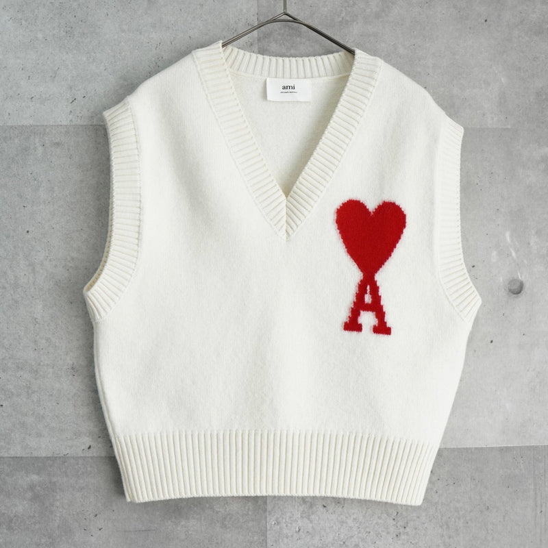 アミ パリ アミパリ ニットベスト ハートロゴ アイボリー タグ付き未