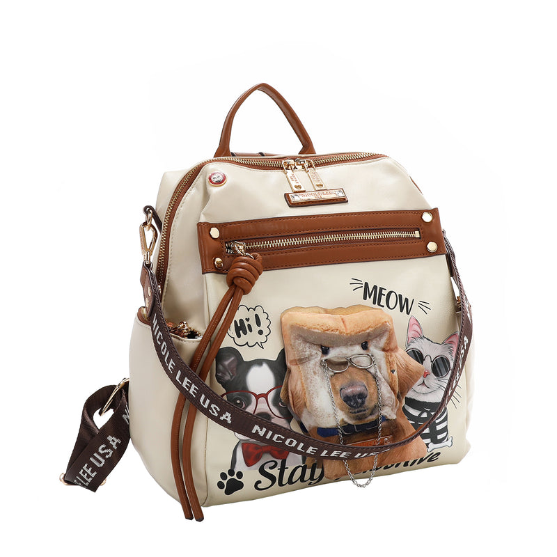 Big Brother Zip Backpack with Dog Plush, Cat Fashion Print, Vegan