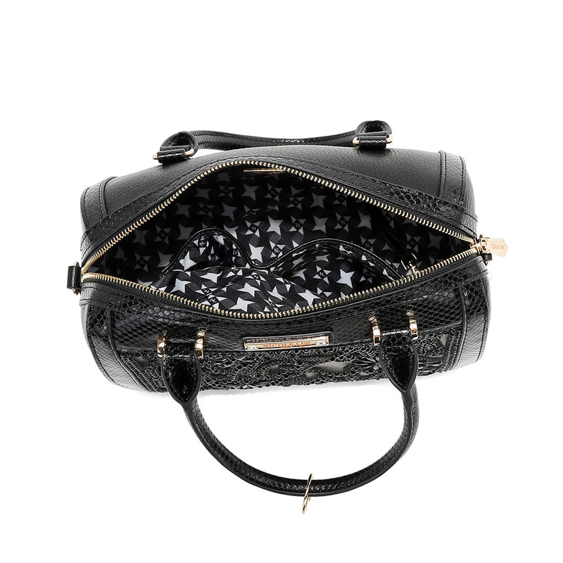 Black Lace Boston Bag with faux snakeskin accents and a lace