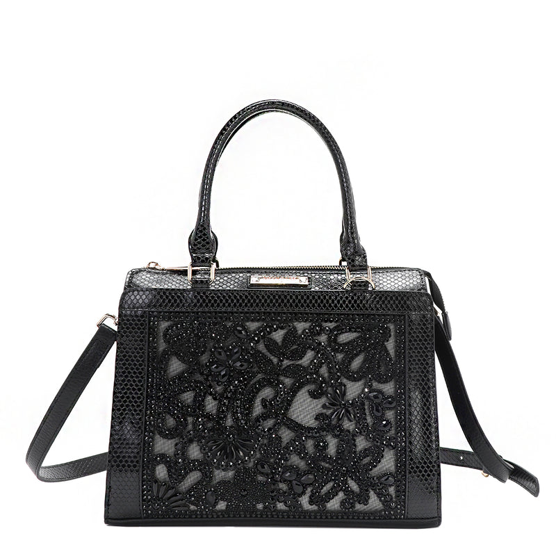 Lace Satchel Bag with Front lace design embellished with tonal