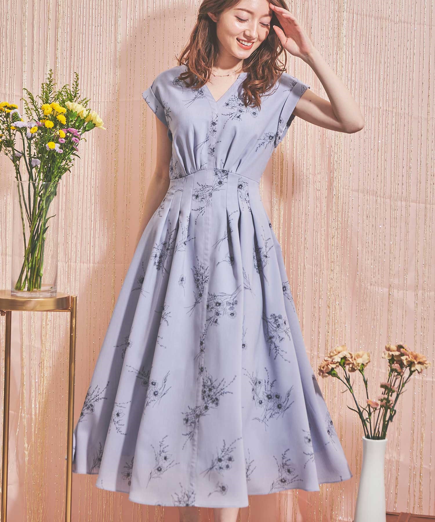 WEB限定カラーあり】スケッチフラワー柄シャツワンピース | ロング