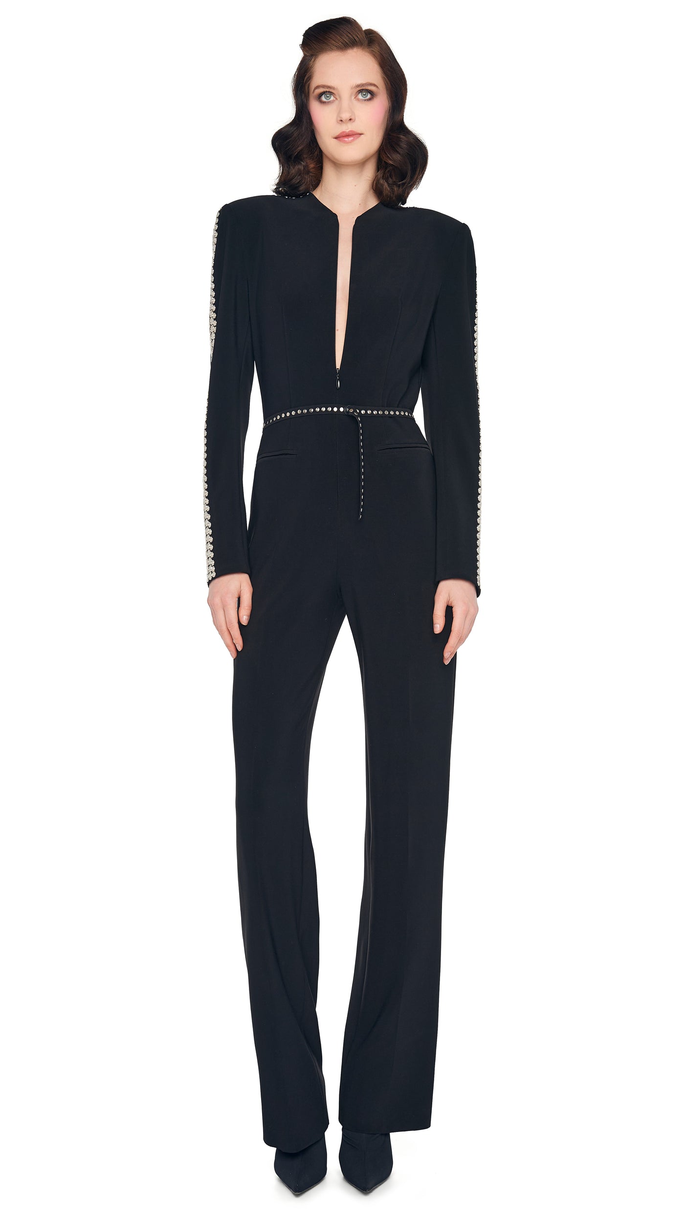 STUD ZIP FRONT STRAIGHT LEG JUMPSUIT – Black – Norma Kamali
