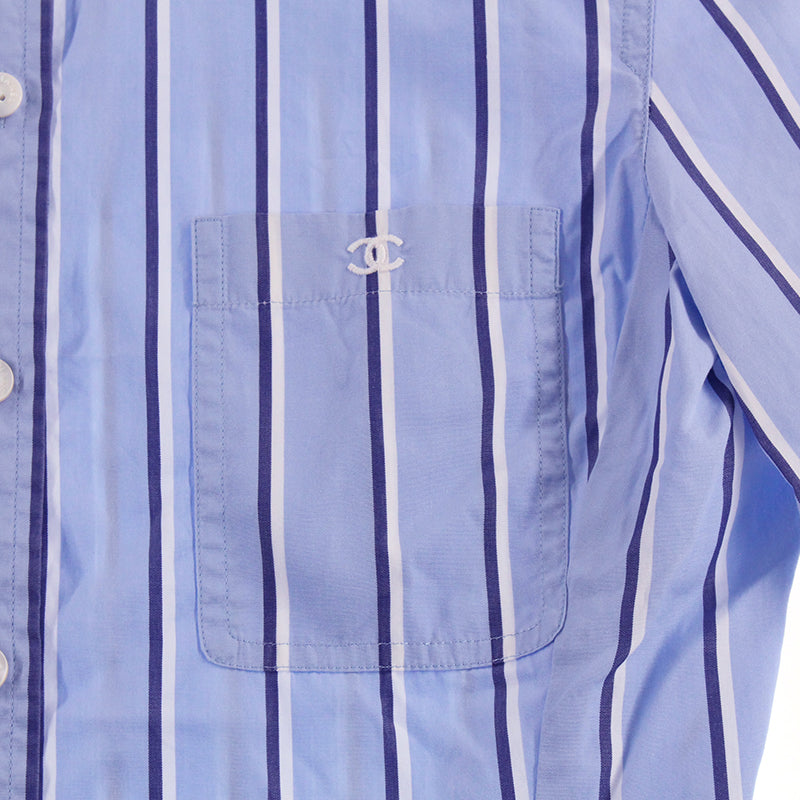 シャネル CHANEL ココマーク ストライプ ブラウス 長袖シャツ ブルー