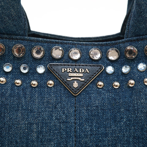 プラダ PRADA カナパ デニム スタッズ ハンドバッグ ブルー P14688