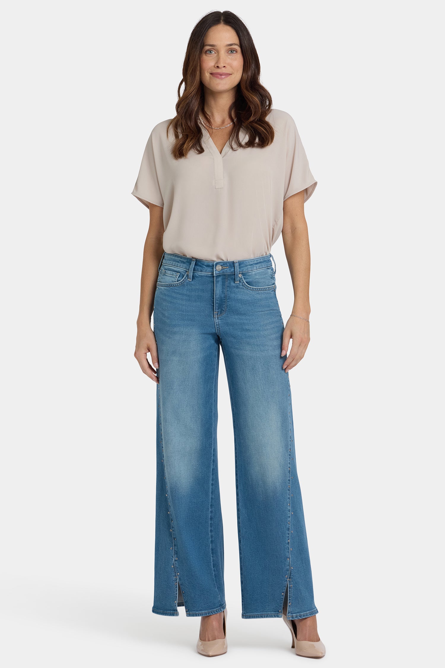 Teresa Wide Leg Jeans With Rhinestones, Front Slits And 31