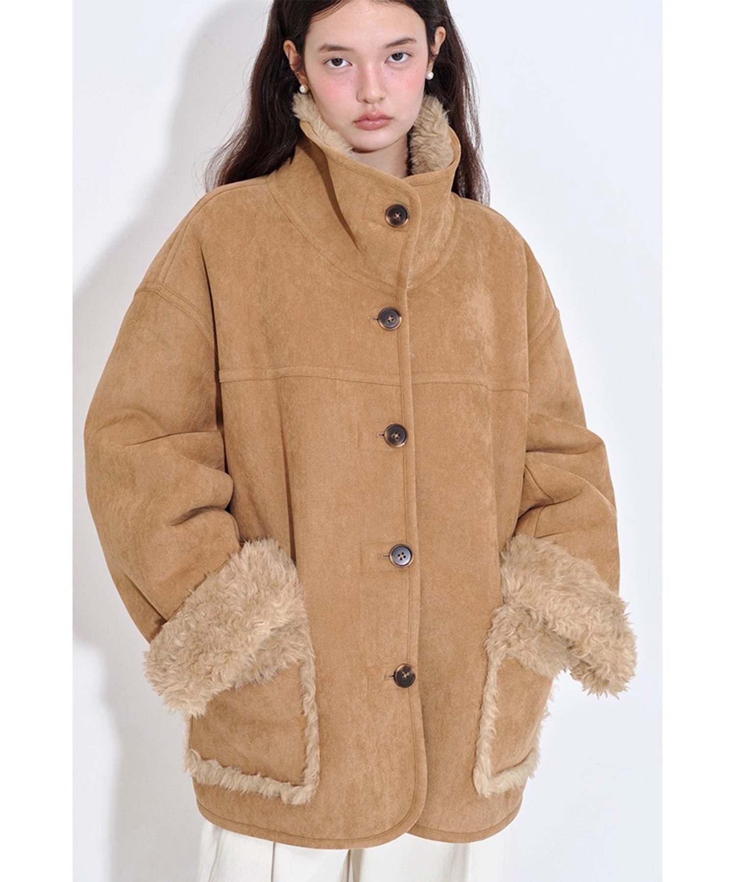 スタンドカラー フェイクファーラペル ムートンジャケット FQ25W136