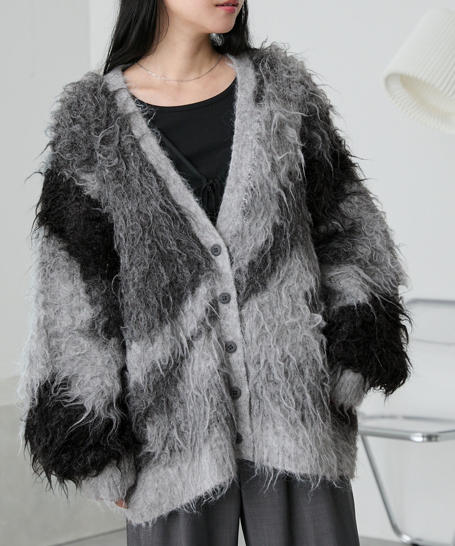 ボリュームシャギーミックスジャガードニットカーディガン MONO-MART