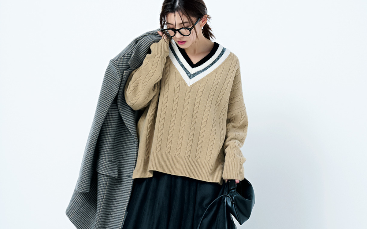 12/26のコーデ】チュールスカートをトラッドへ導くならケーブルニット