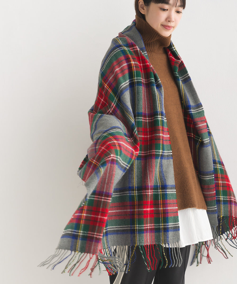 OMNES】ウール混大判チェック フリンジストール【1519-0010】