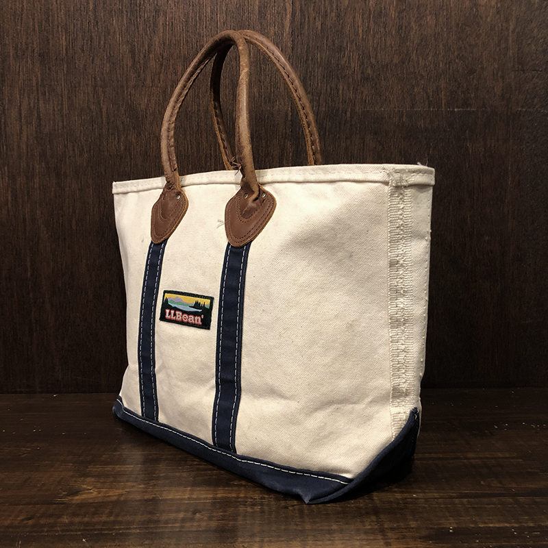 L.L. Bean Boat and Tote Leather Handle Ivory Navy Tote Bag M
