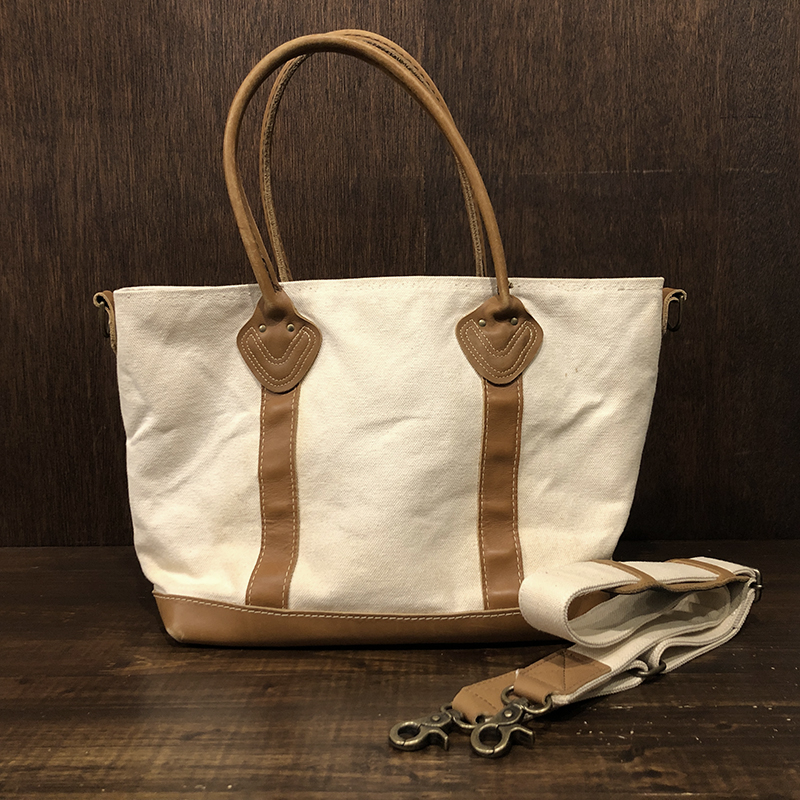 LL Bean White Canvas Brown Leather Boat and Tote & Shoulder Bag