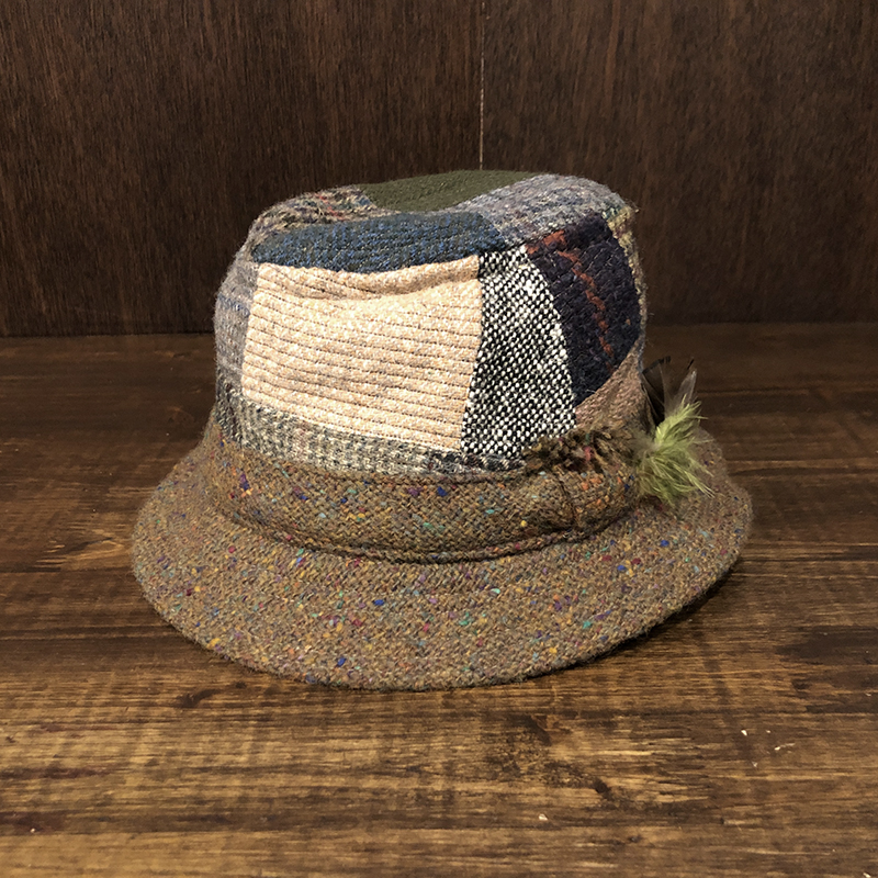 Hanna Hats Donegal Tweed Multi Patchwork Bucket Hat Feather Charm