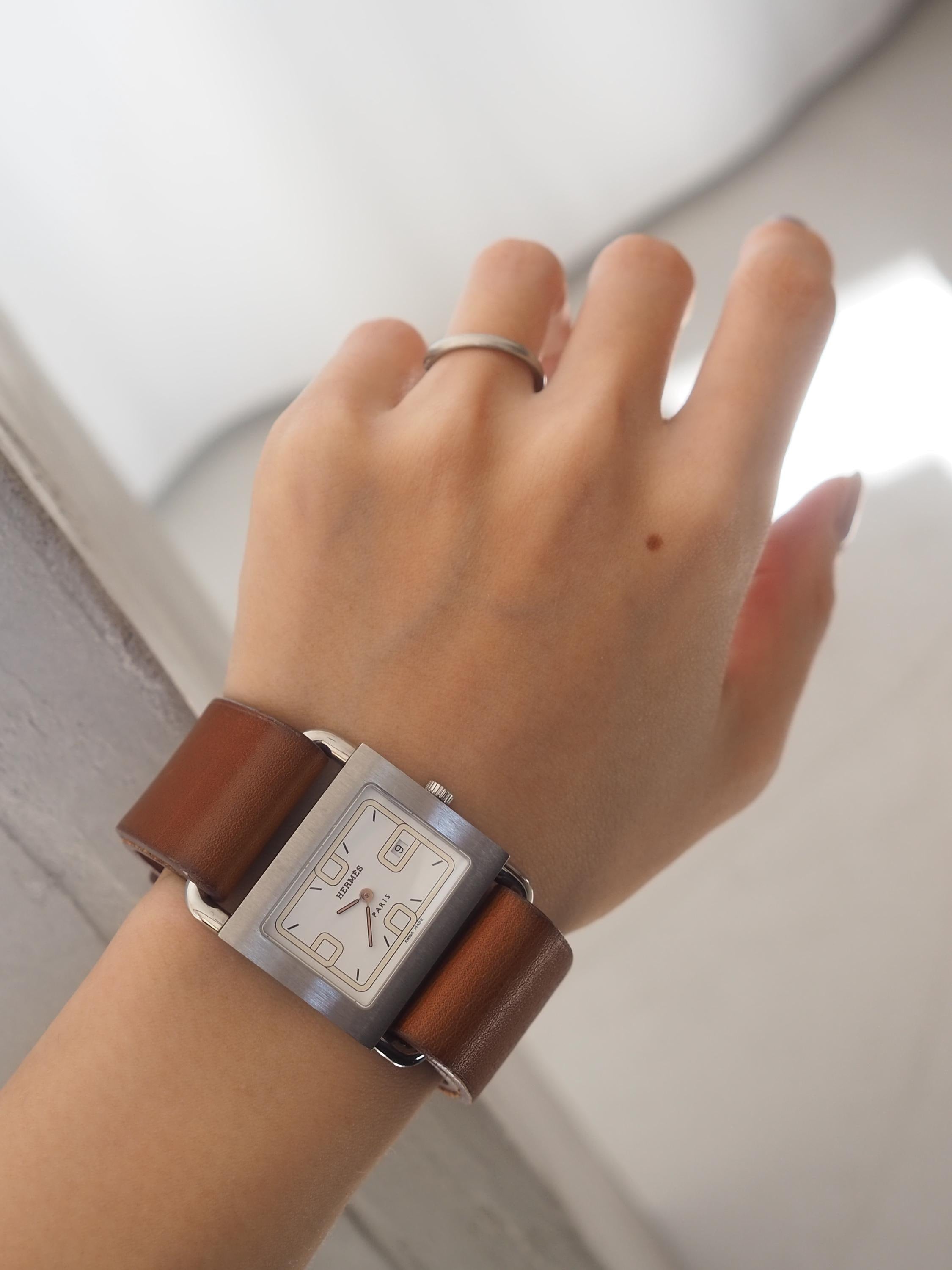 HERMES エルメス バレニア ウォッチ 腕時計 シルバー ブラウン レザー