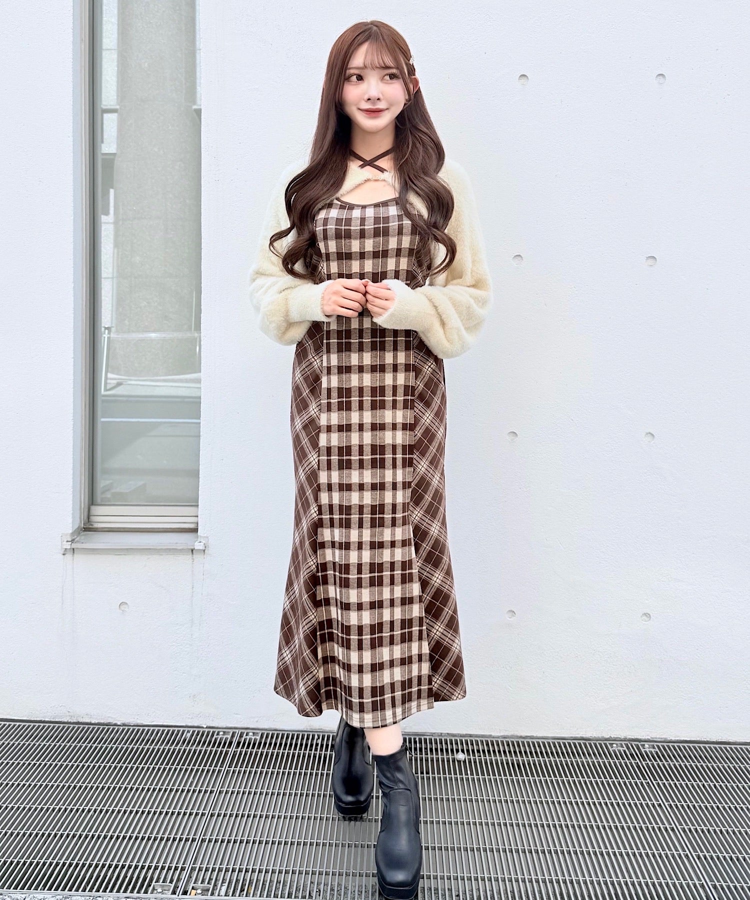 シャギーボレロロングチェックワンピース – PARK by one way（パーク