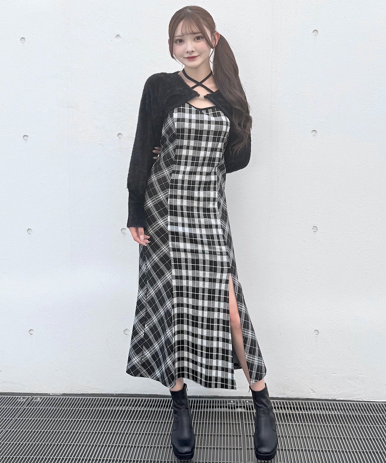 シャギーボレロロングチェックワンピース – PARK by one way（パーク
