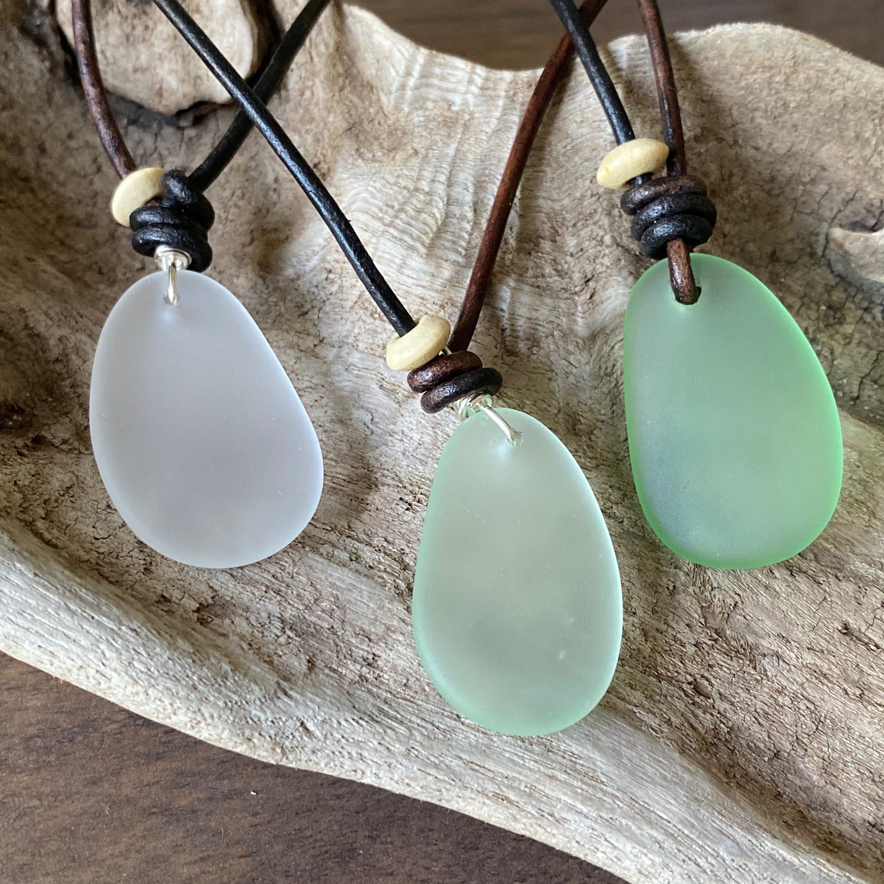 Men's Leather Cord Necklace with Sea Glass Pendant – Boho