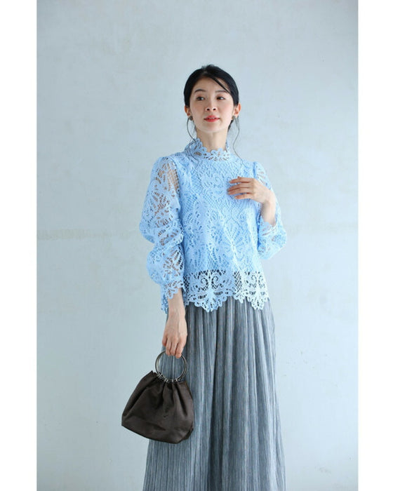 エレガントなブルーレースの後ろジッププルオーバートップス – ONE