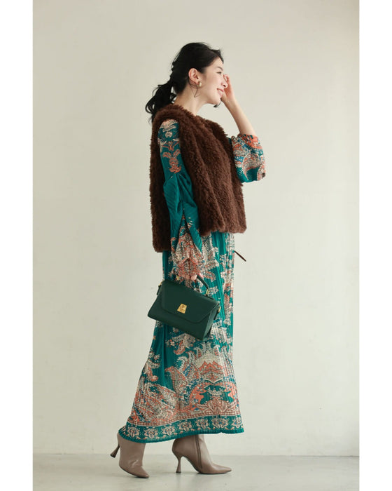 ふんわり変形タック袖の華やかなエスニック柄プリーツロングワンピース