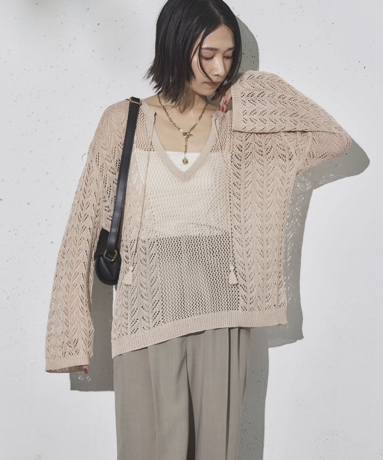 透かし編みキーネックニットプルオーバー(F BLUE): トップス｜PMbox