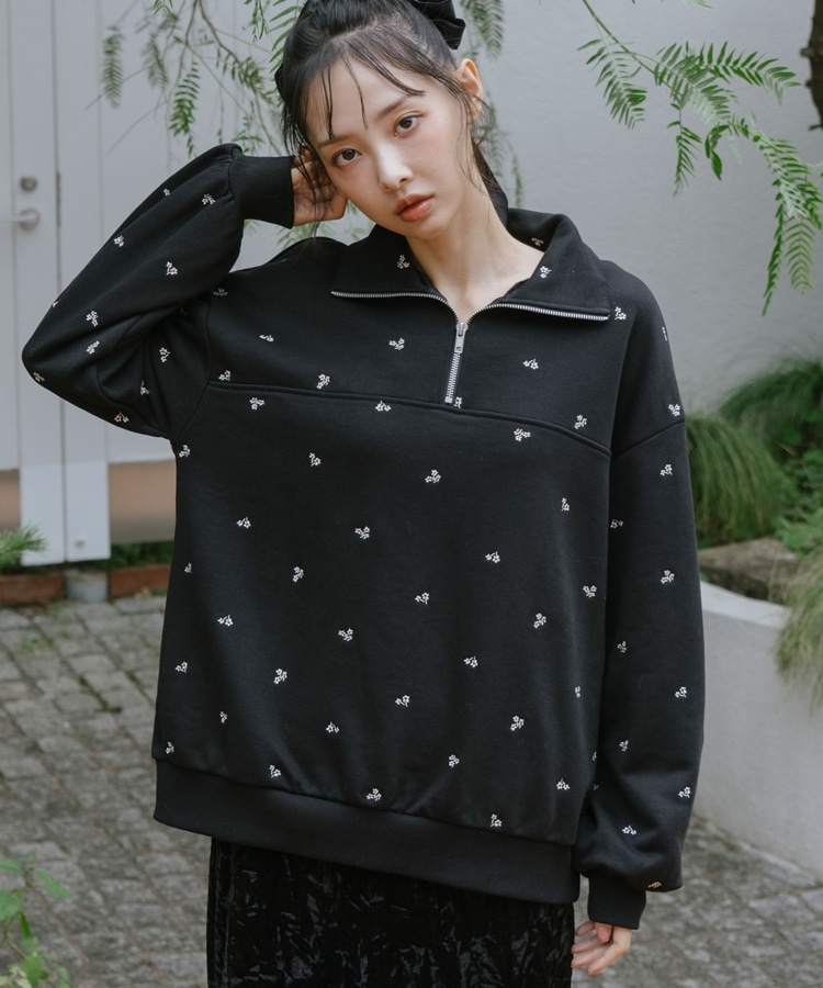 小花柄刺繍ハーフzipスウェット(M BLACK): トップス｜PMbox P&M
