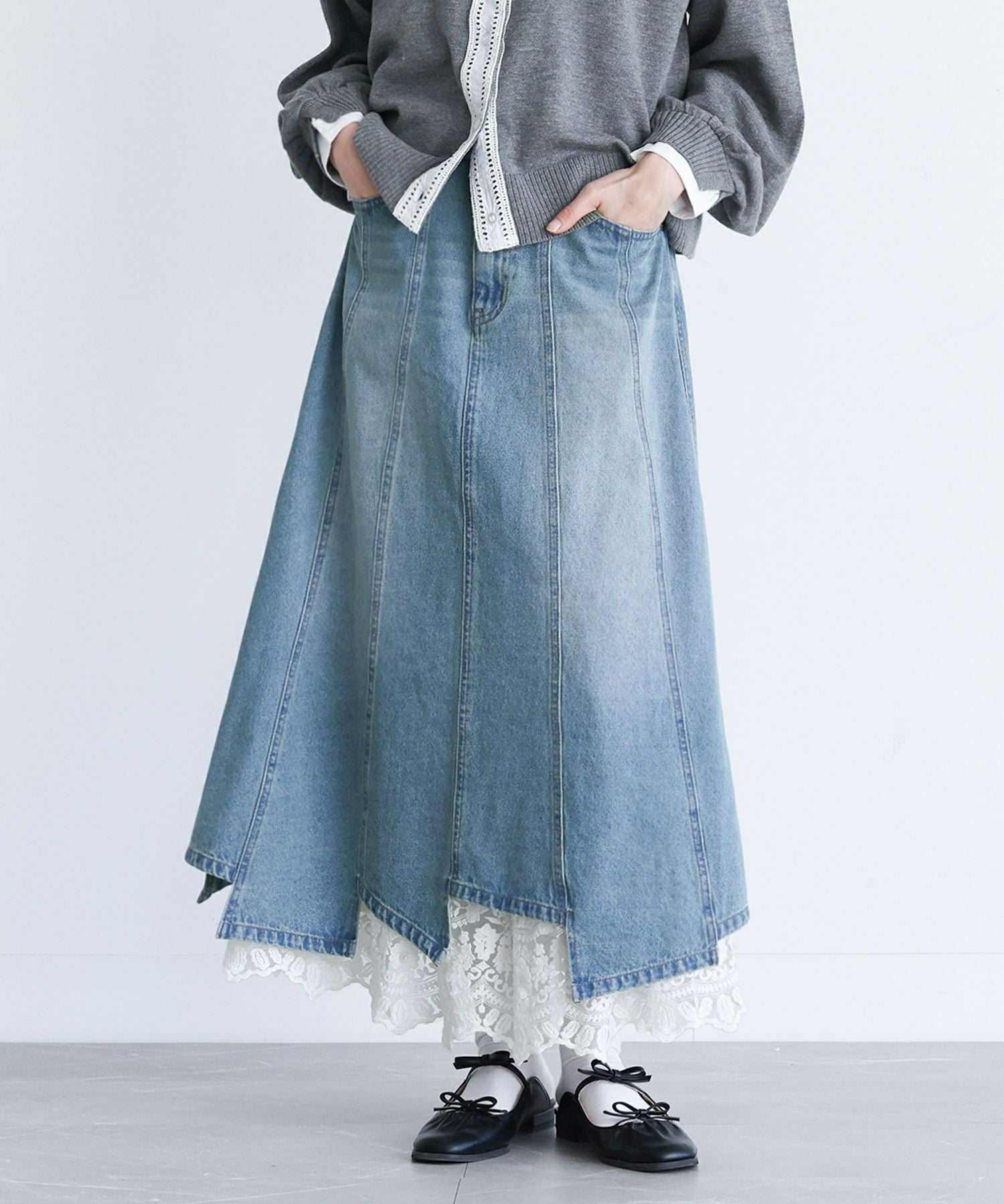 somari imaginationレースペチ付きアシメ切替デニムスカート』