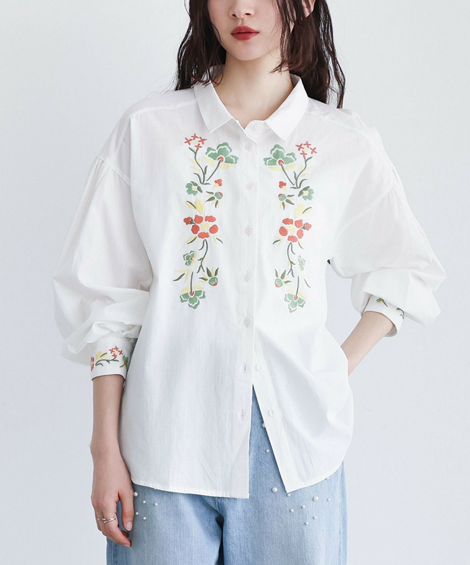 somari imagination花柄刺繍ボリューム袖シャツブラウス』