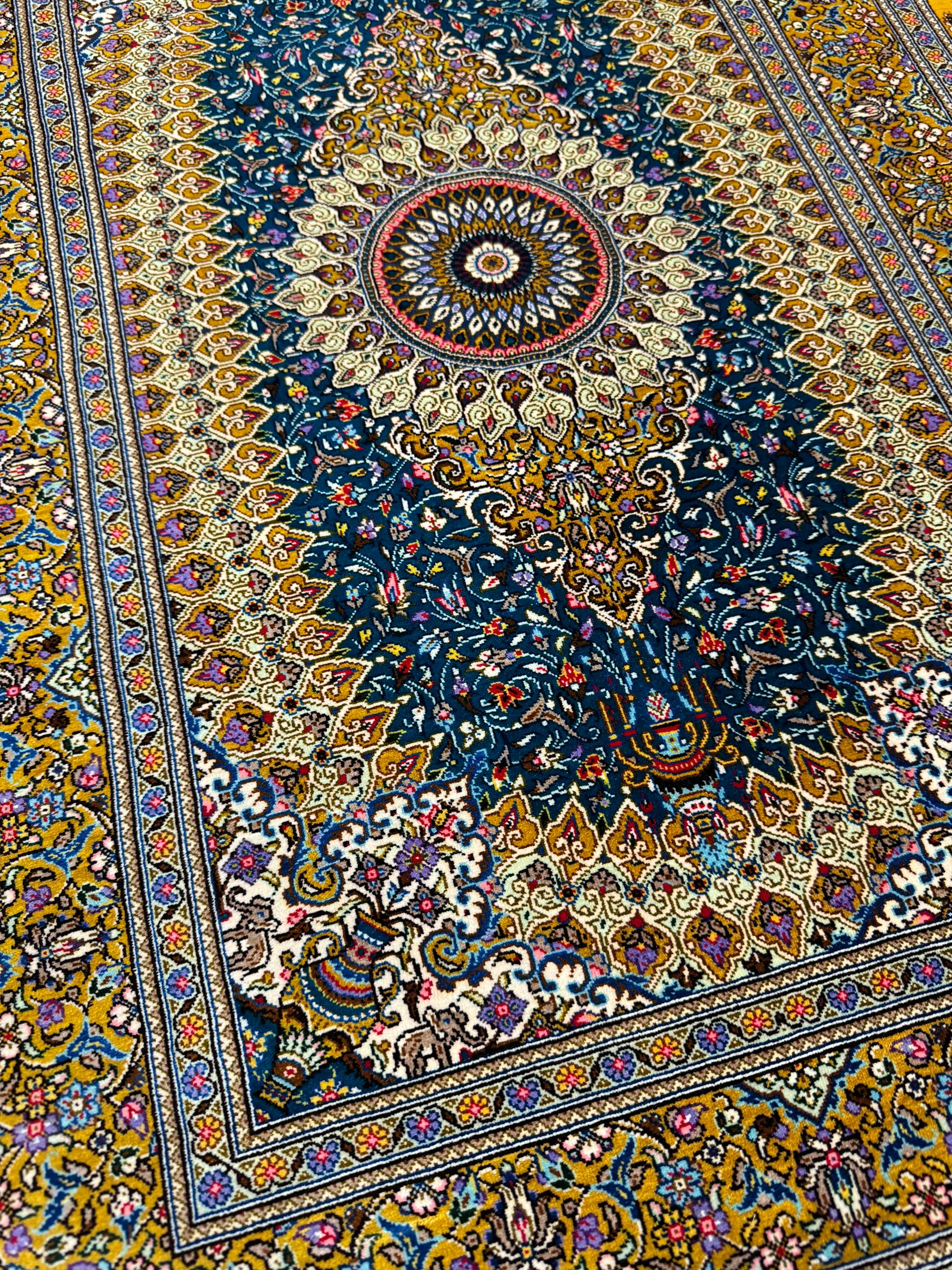 高級ペルシャ絨毯クム産シルク100％ ジャムシディ工房 90×61cm（FN