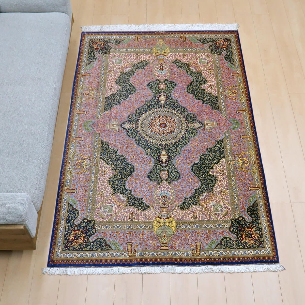 高級ペルシャ絨毯クム、シルク100％ ジャムシーディ 200×131cm（FL