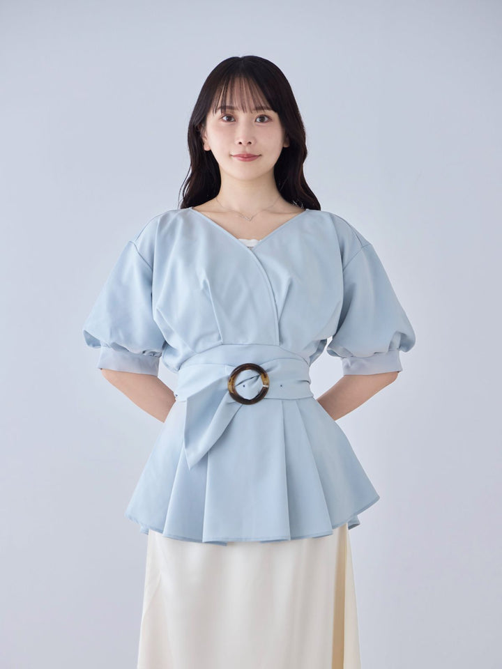 ウエストベルト付きカシュクールブラウス 25SS：ホワイト│胸が大きな