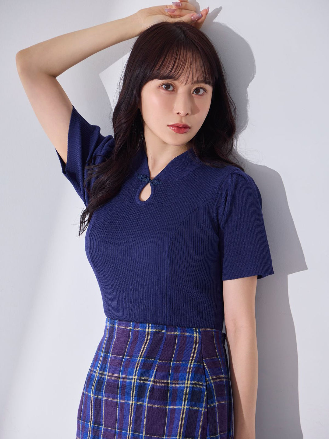 サマーチャイナパネルニット：ネイビー│胸が大きな女性のための