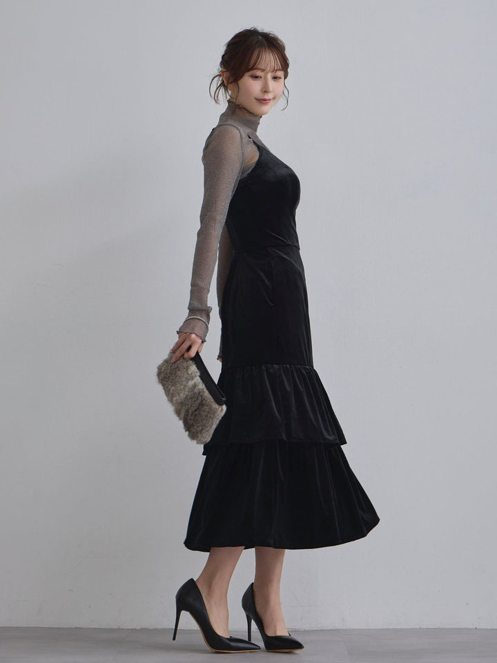 ベロアキャミティアードワンピース：ブラック│胸が大きな女性のための