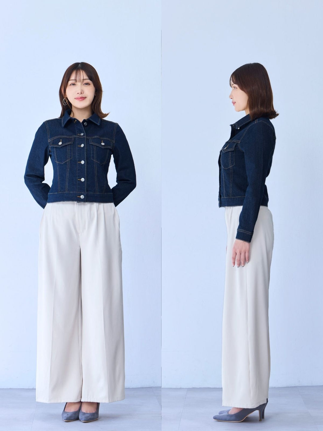 開けてもすっきりショート丈ストレッチデニムジャケット：ライトブルー