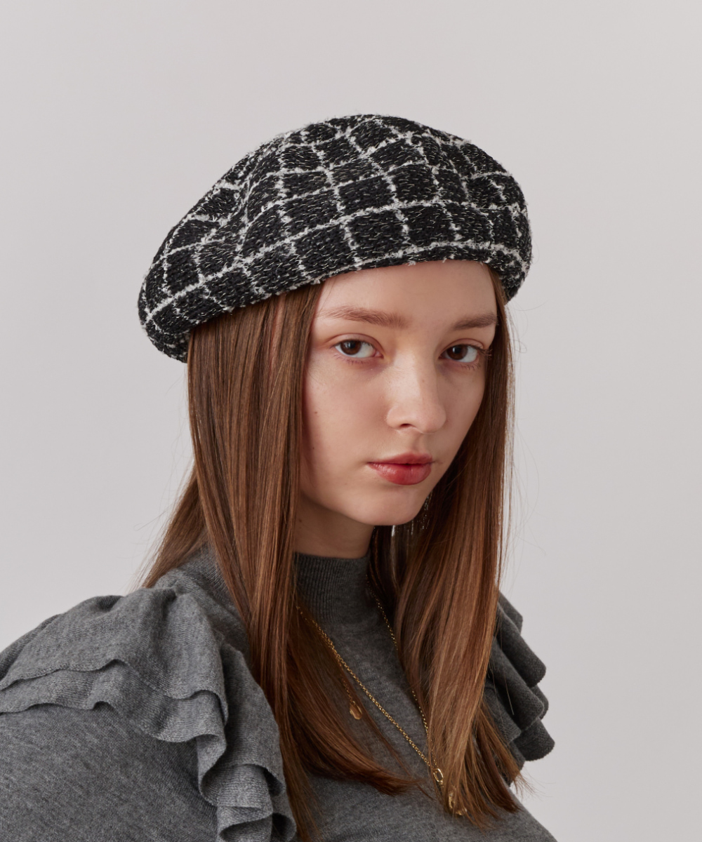 Chapeau d' O TM Check Tweed Beret | 57.5cm(75) BLACK (01