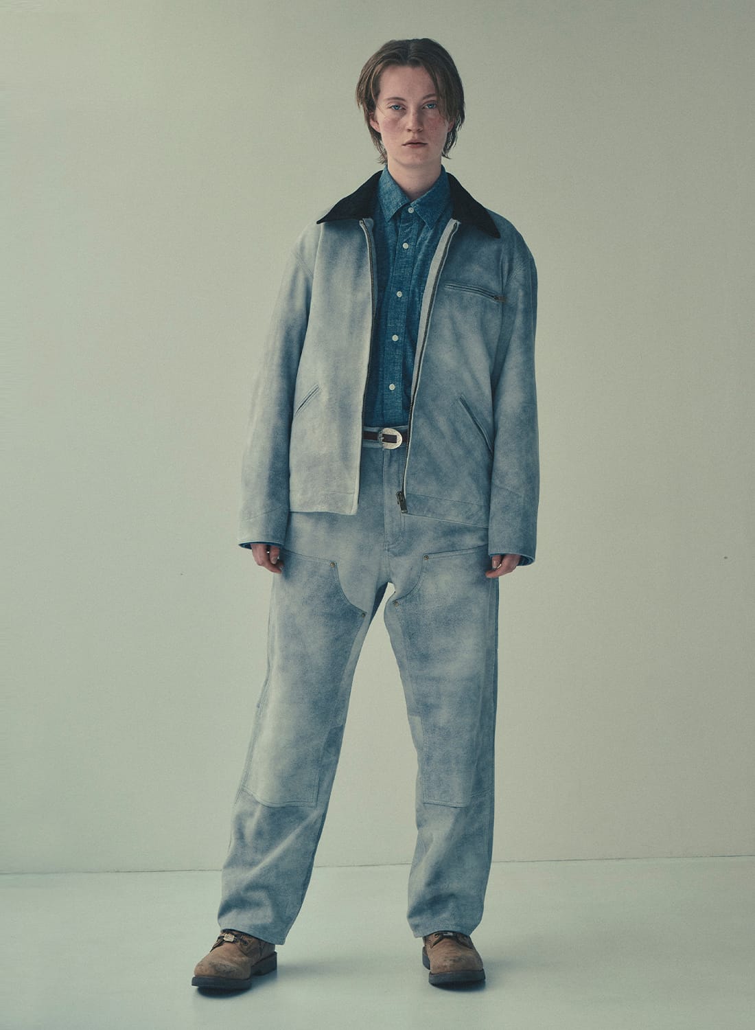 LEATHER DOUBLE KNEE PANTS‐GOAT SUEDE ANTIQUE FINISH‐|レザー