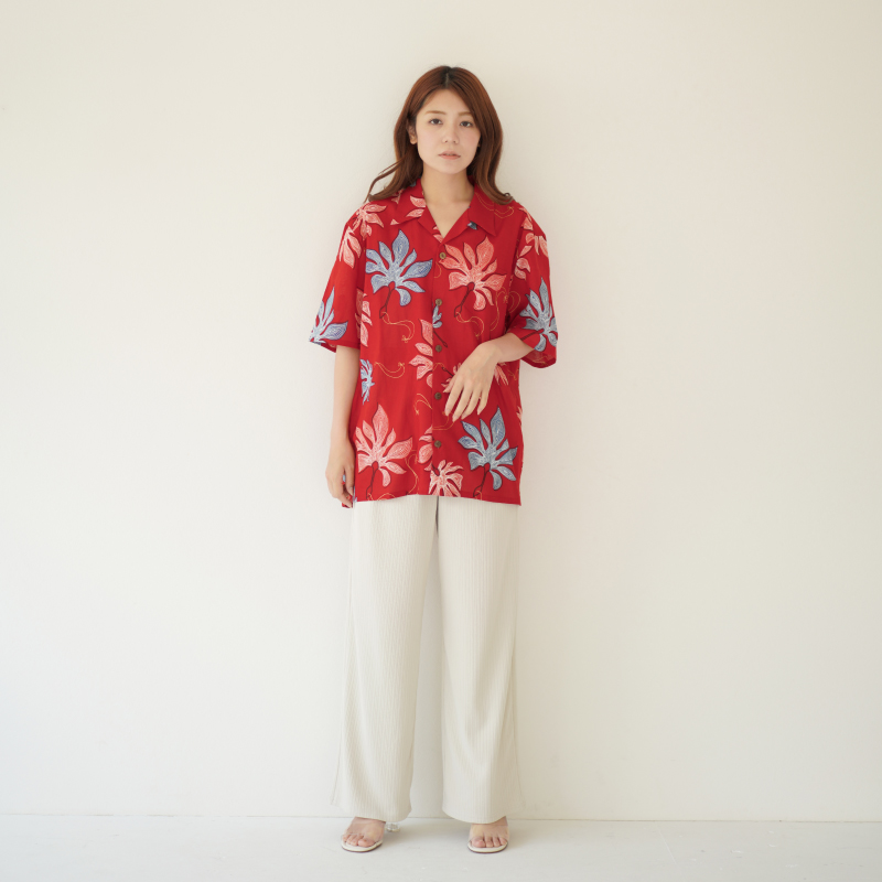 和柄 コットンアロハシャツ ＜鞍馬天狗のうちわ/赤橙＞ | 京友禅アロハ