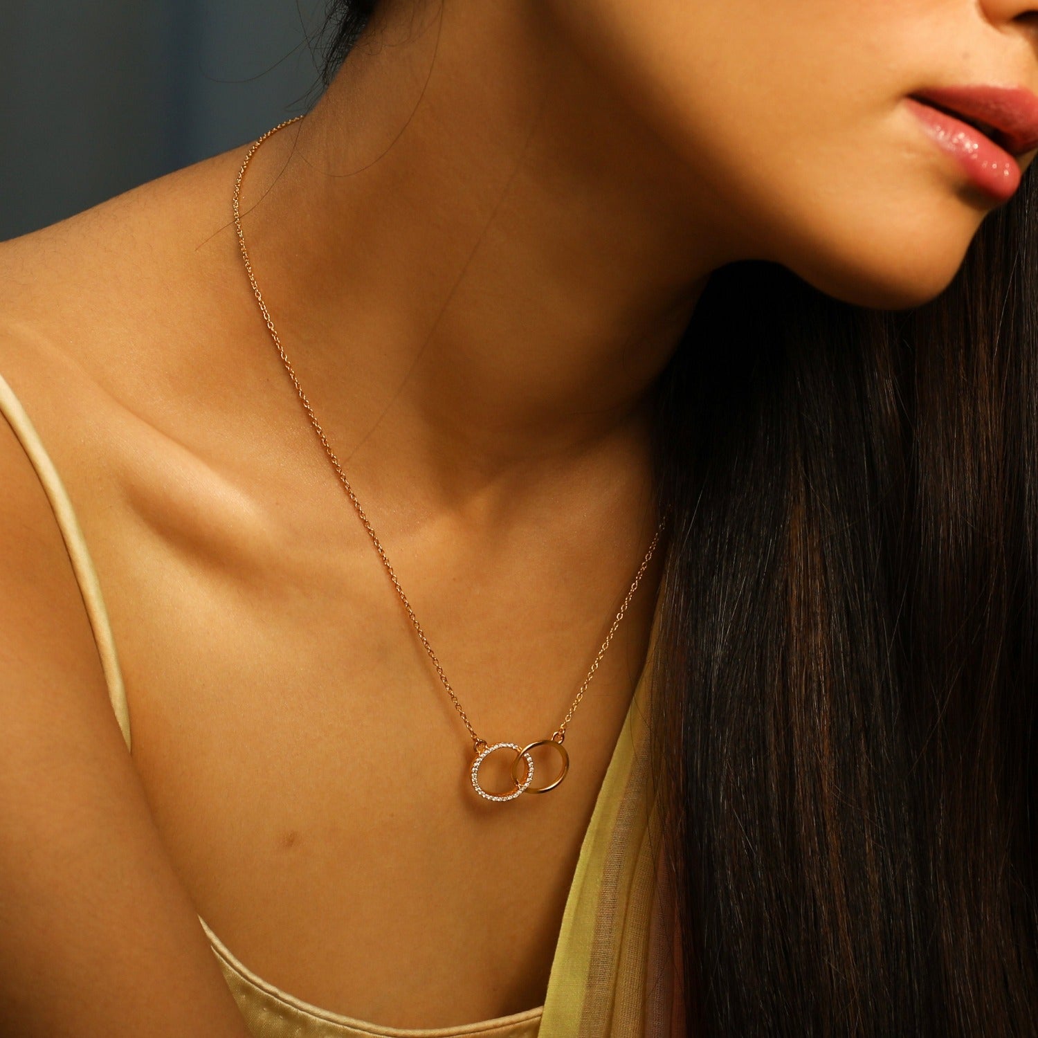 Discover Double Ring Charm CZ Delicate Silver Pendant Necklace