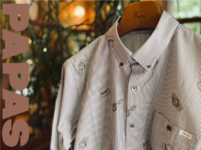 美品 papas 刺繍 総柄 ストライプシャツ M 長袖 PAPAS - パパスらしい