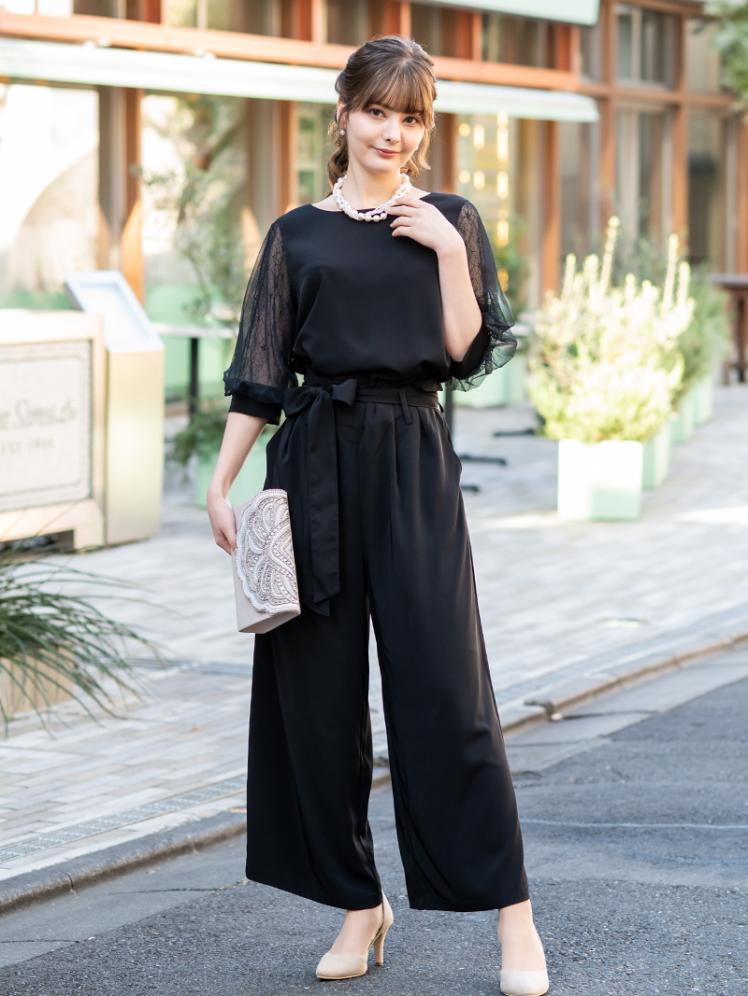 パフスリーブワイドパンツドレス(ブラック)CR3-414BL-L | パーティ