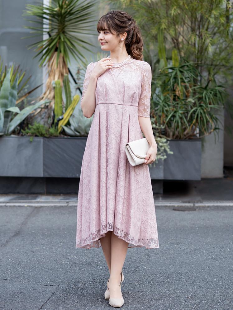 ビスチェ風総レースドレス(ピンクベージュ)H1-403PB-S | パーティ