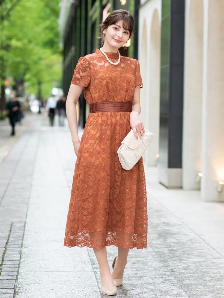 ウエスト切り替え総レースドレス(オレンジブラウン)WH1-396OB-M