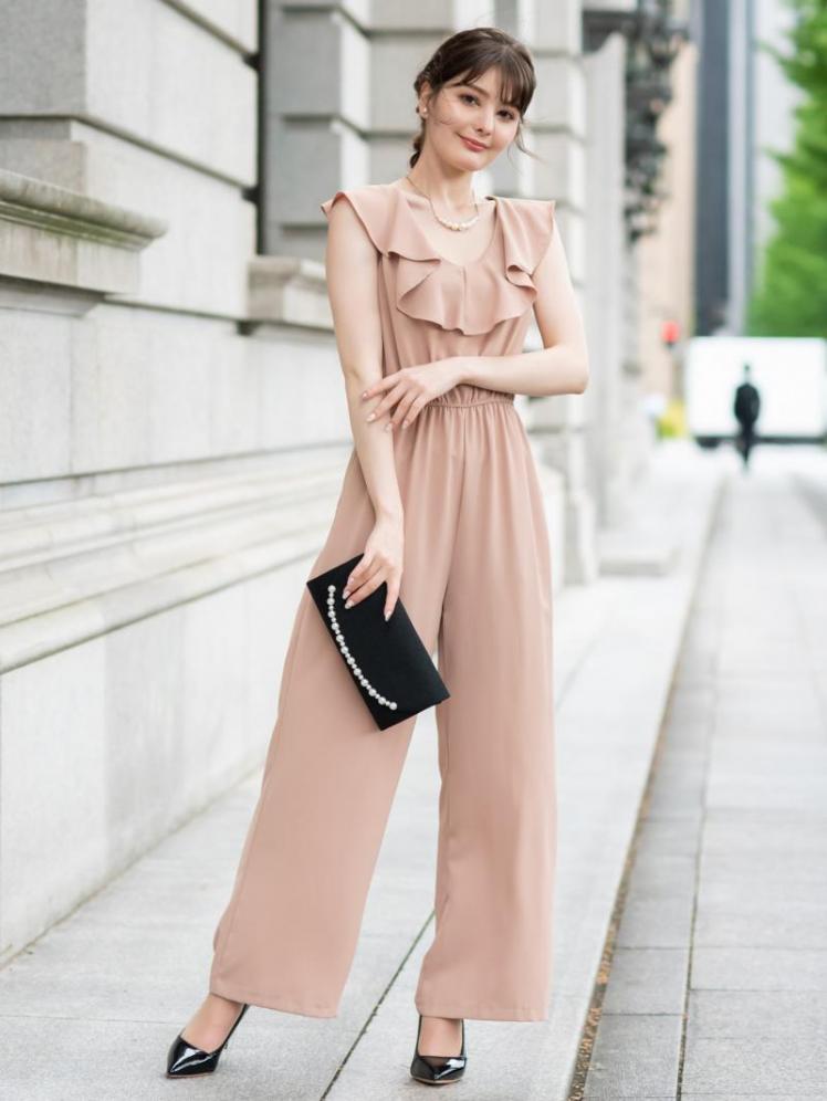 フリルネックパンツドレス(ベージュ)K3-266BE-M | パーティドレススタイル