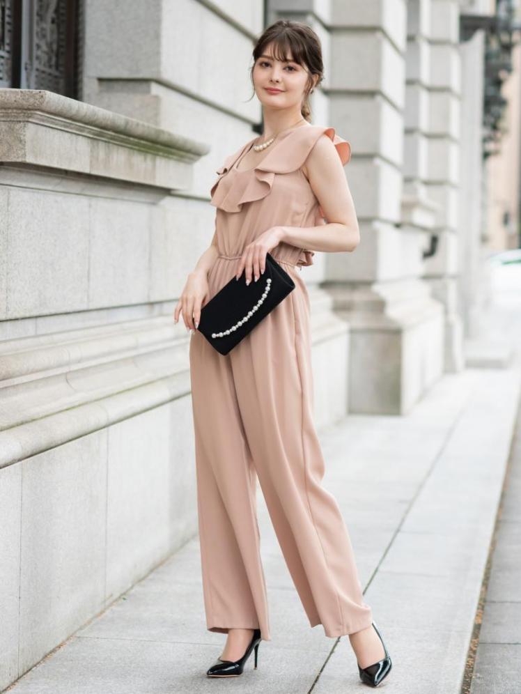 フリルネックパンツドレス(ベージュ)K3-266BE-M | パーティドレススタイル