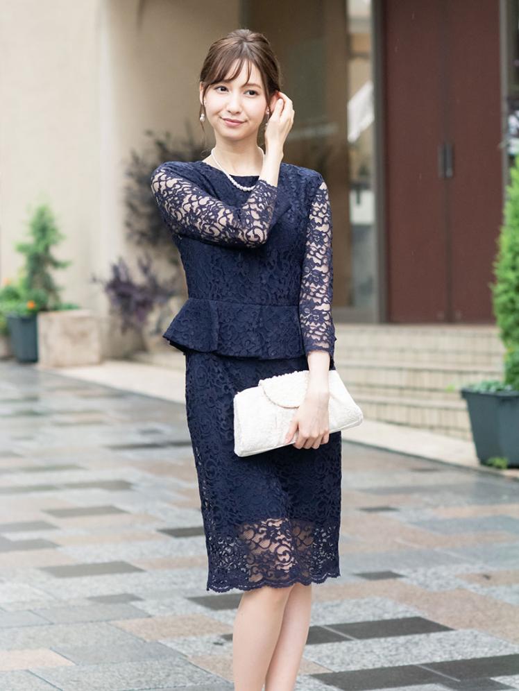 レースデザインぺプラムドレス(ネイビー)K1-297NA-M | パーティドレス