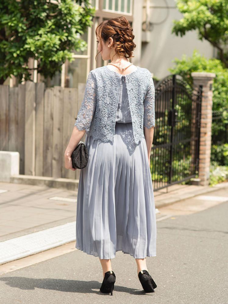プリーツレースワンピース(グレー)H1-321GRY-M | パーティドレススタイル