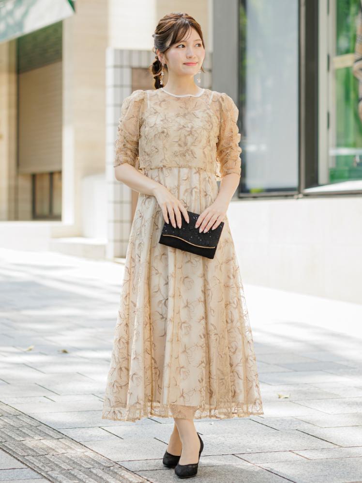 ボレロ付き花柄刺繍ドレス(ベージュ)CR1-456BE-S | パーティドレススタイル