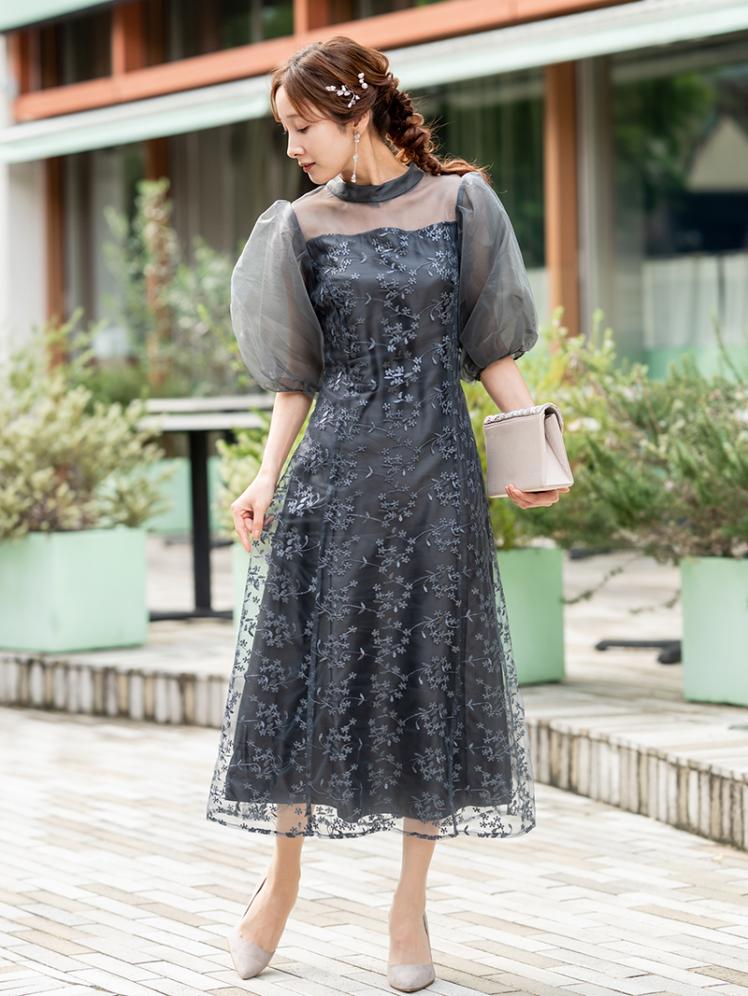 パフスリーブ刺繍ドレス(ダークグレー)CR1-435GRY-M | パーティドレス