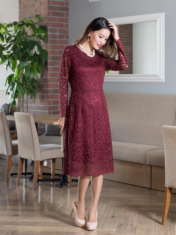 ロングスリーブレースドレス(ワインレッド)K1-279WR-M | パーティ