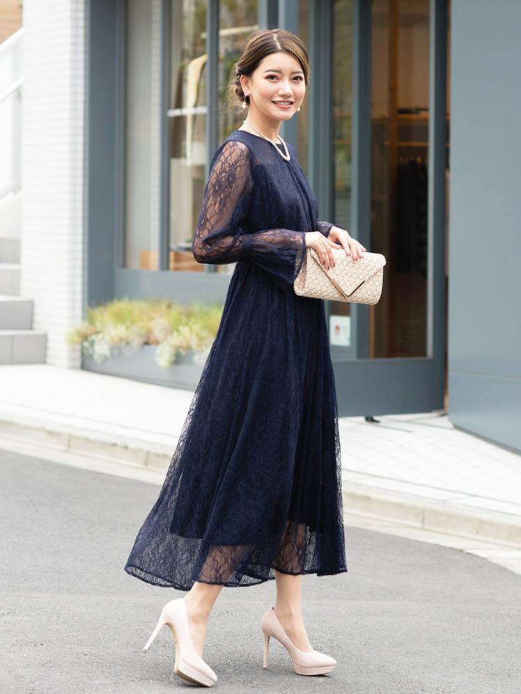 ラッセルレースロングドレス(ネイビー)CR1-325NA-M | パーティドレス