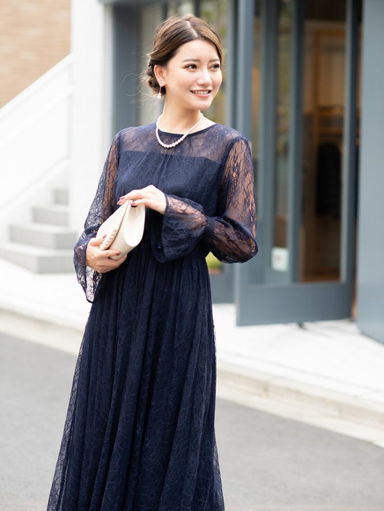 ラッセルレースロングドレス(ネイビー)CR1-325NA-L | パーティドレス