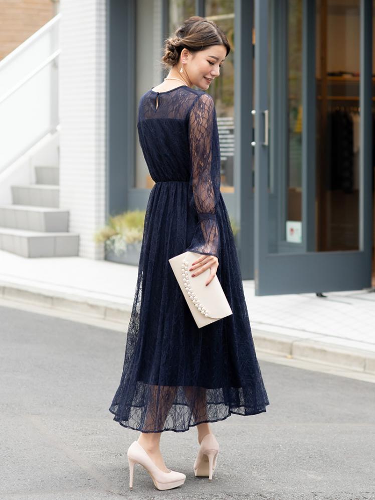 ラッセルレースロングドレス(ネイビー)CR1-325NA-L | パーティドレス